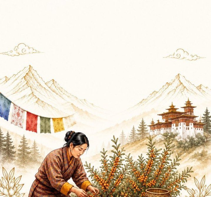 Illustration of seabuckthorn harvest in a Bhutanese valley