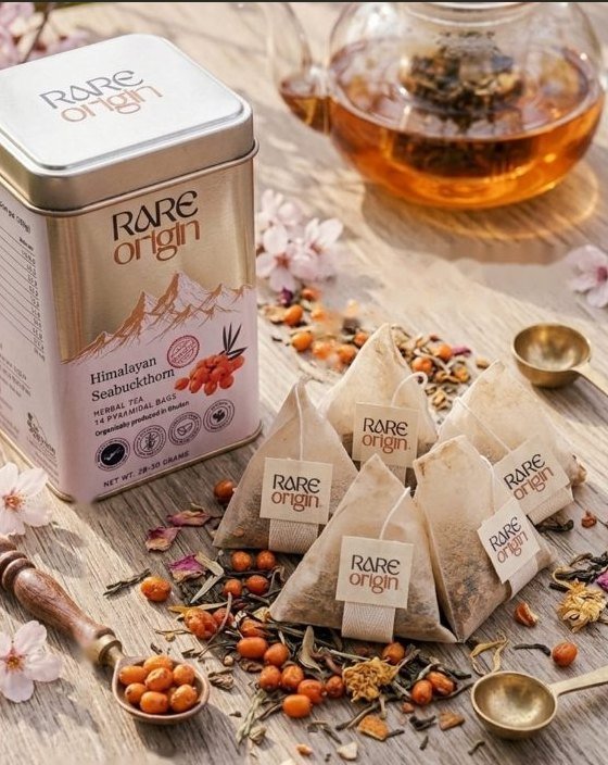 Pyramid tea bags with the gold tin